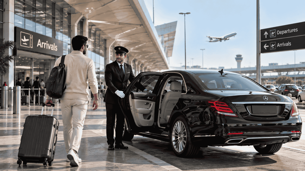 Chauffeur driven car waiting for passengers with luggage at an airport