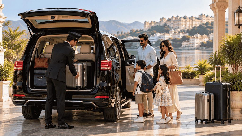 Family travelling comfortably in a chauffeur driven car with luggage