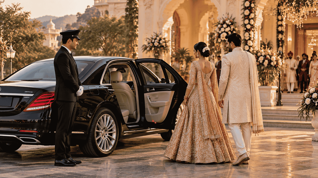 Luxury wedding car with professional chauffeur outside a wedding venue